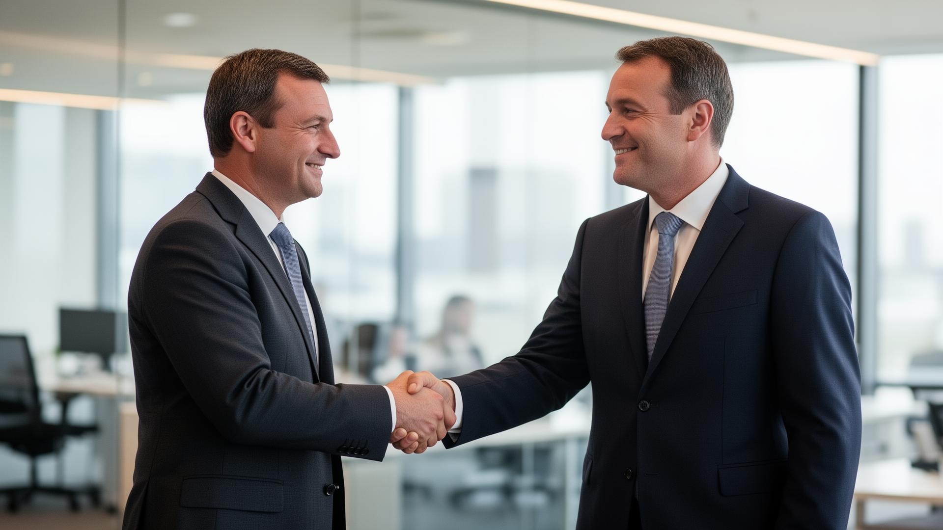 Investor and founder shaking hands across a boardroom table